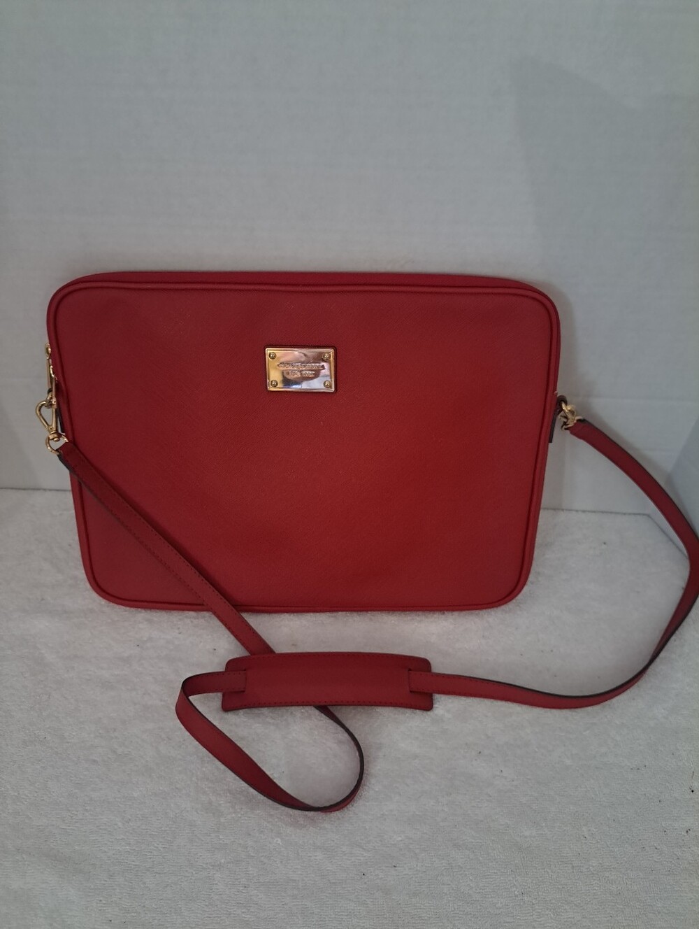 Michael Kos Red Leather Crossbody Laptop Bag - Gold Plate Accent